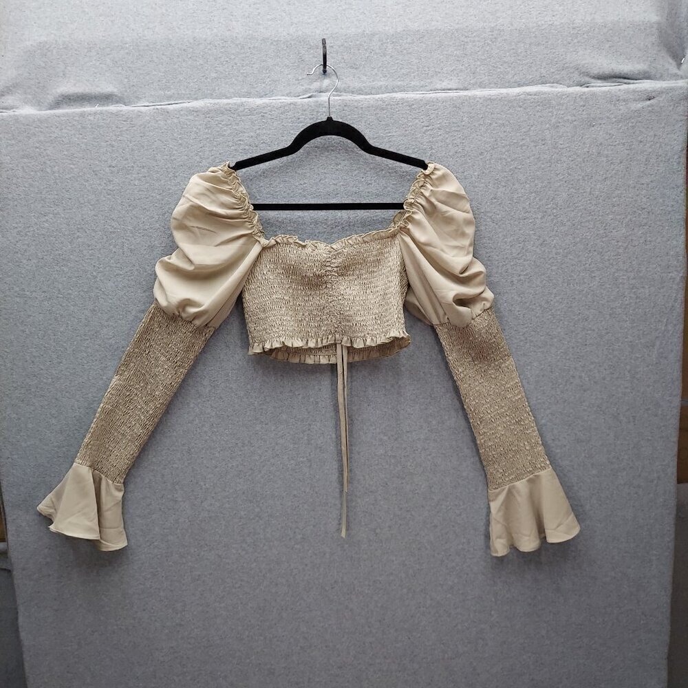 Vintage-Inspired Beige Smocked Long Sleeve Crop Top By Vianca & Miss Lola